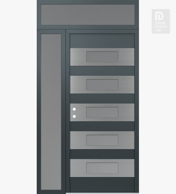 Modern Steel Front Door Diamond D5 52" x 96" anthracite/anthracite frosted Glass Panel stainless steel RHI with Sidelite and Transom frosted Glass