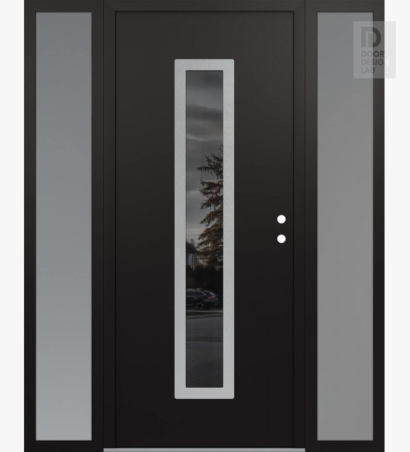 Modern Steel Front Door DIAMOND A11 68" X 80" BLACK/BLACK MIRRORED GLASS PANEL STAINLESS STEEL LHI WITH 2 SIDELITES FROSTED GLASS