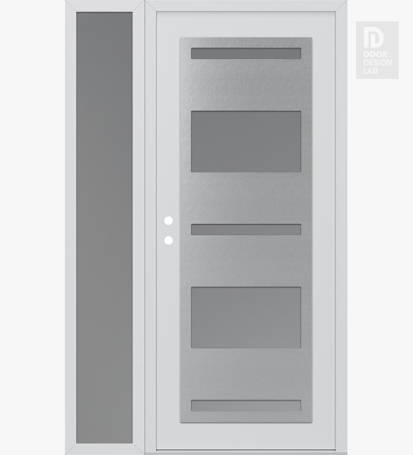 Modern Steel Front Door Diamond C10 52" x 80" white/white frosted Glass Panel stainless steel RHI with Sidelite frosted Glass