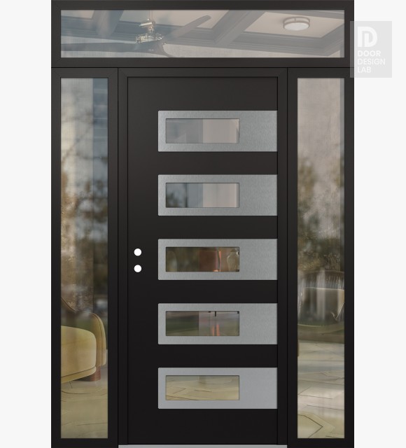 Modern Steel Front Door Diamond D3 60" x 96" black/black clear Glass Panel stainless steel RHI with 2 Sidelites and Transom clear Glass
