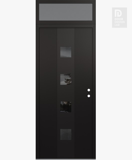 Modern Steel Front Door DIAMOND A12 36" X 96" BLACK/BLACK MIRRORED GLASS PANEL BLACK LHI WITH TRANSOM FROSTED GLASS
