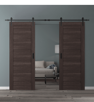 DOUBLE BARN DOOR LOUVER VERALINGA OAK 56" X 96" X 1 3/4" BLACK HARDWARE