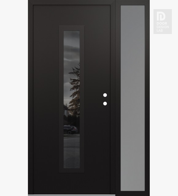 Modern Steel Front Door DIAMOND A11 50" X 80" BLACK/BLACK MIRRORED GLASS PANEL BLACK LHI WITH SIDELITE FROSTED GLASS
