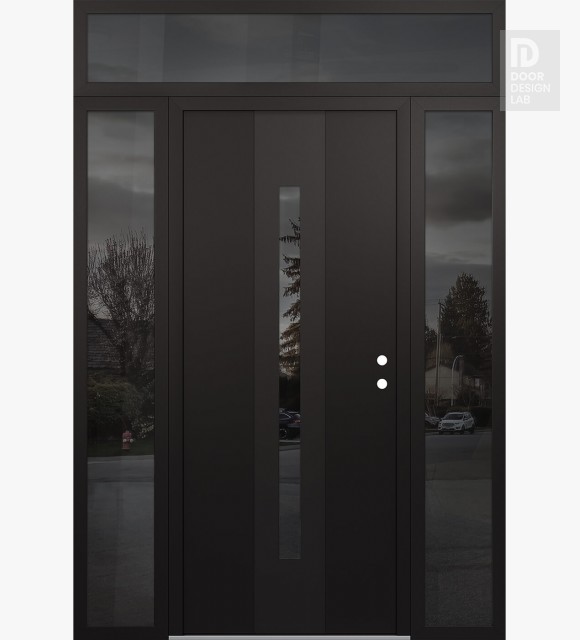 Modern Steel Front Door DIAMOND A2 60" X 96" BLACK/BLACK MIRRORED GLASS PANEL BLACK LHI WITH 2 SIDELITES AND TRANSOM MIRRORED GLASS