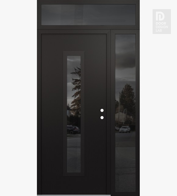 Modern Steel Front Door DIAMOND A11 50" X 96" BLACK/BLACK MIRRORED GLASS PANEL BLACK LHI WITH SIDELITE AND TRANSOM MIRRORED GLASS