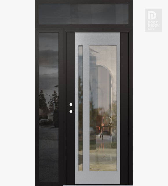 Modern Steel Front Door Diamond C15 50" x 96" black/black clear Glass Panel stainless steel RHI with Sidelite and Transom mirrored Glass