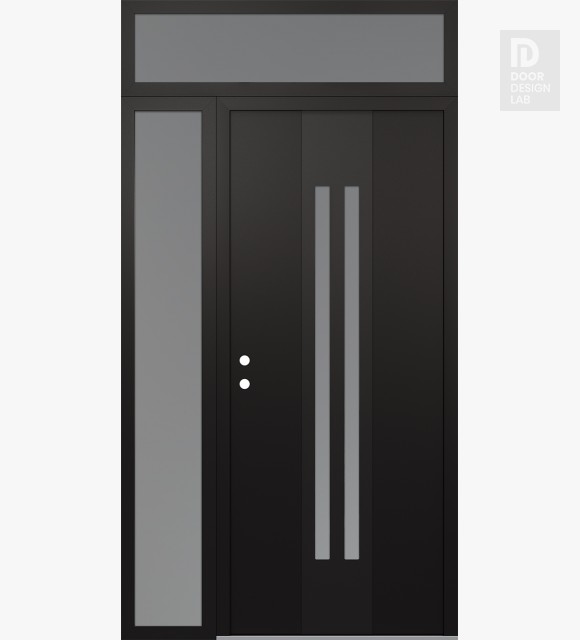 Modern Steel Front Door DIAMOND A8 52" X 96" BLACK/WHITE FROSTED GLASS PANEL BLACK RHI WITH SIDELITE AND TRANSOM FROSTED GLASS