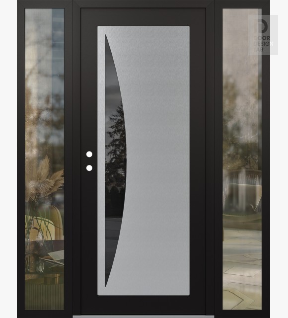 Modern Steel Front Door Diamond C13 68" x 80" black/black mirrored Glass Panel stainless steel RHI with 2 Sidelites clear Glass
