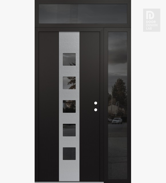 Modern Steel Front Door DIAMOND A13 48" X 96" BLACK/BLACK MIRRORED GLASS PANEL STAINLESS STEEL LHI WITH SIDELITE AND TRANSOM MIRRORED GLASS