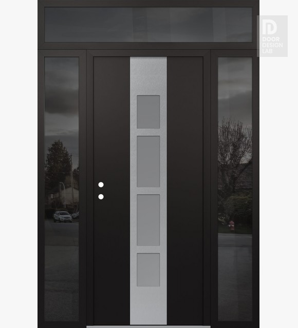 Modern Steel Front Door DIAMOND A10 64" X 96" BLACK/WHITE FROSTED GLASS PANEL STAINLESS STEEL RHI WITH 2 SIDELITES AND TRANSOM MIRRORED GLASS