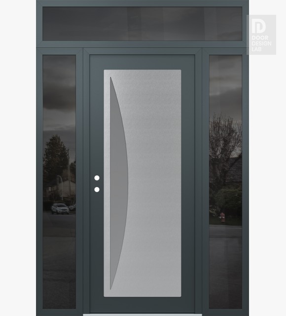Modern Steel Front Door Diamond C13 68" x 96" anthracite/anthracite frosted Glass Panel stainless steel RHI with 2 Sidelites and Transom mirrored Glass