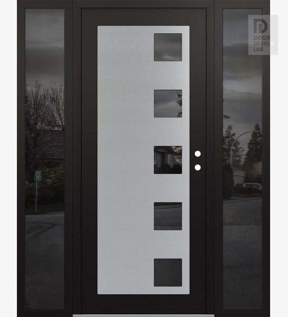 Modern Steel Front Door Diamond C5 60" x 80" black/black mirrored Glass Panel stainless steel LHI with 2 Sidelites mirrored Glass
