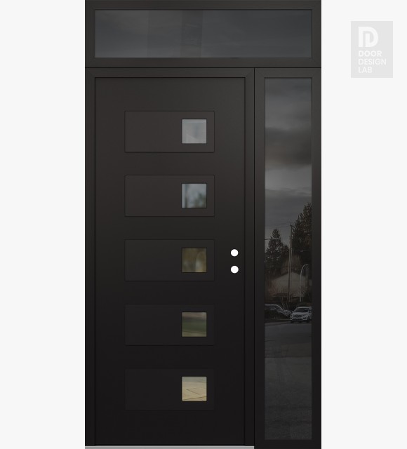 Modern Steel Front Door Diamond D2 48" x 96" black/black clear Glass Panel black LHI with Sidelite and Transom mirrored Glass