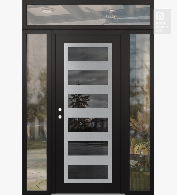 Modern Steel Front Door Diamond C9 68" x 96" black/black mirrored Glass Panel stainless steel RHI with 2 Sidelites and Transom clear Glass