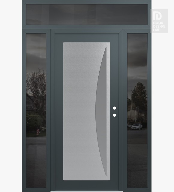 Modern Steel Front Door Diamond C13 60" x 96" anthracite/anthracite frosted Glass Panel stainless steel LHI with 2 Sidelites and Transom mirrored Glass