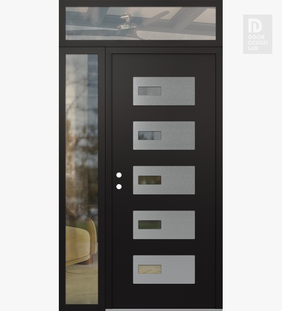 Modern Steel Front Door Diamond D7 48" x 96" black/black clear Glass Panel stainless steel RHI with Sidelite and Transom clear Glass