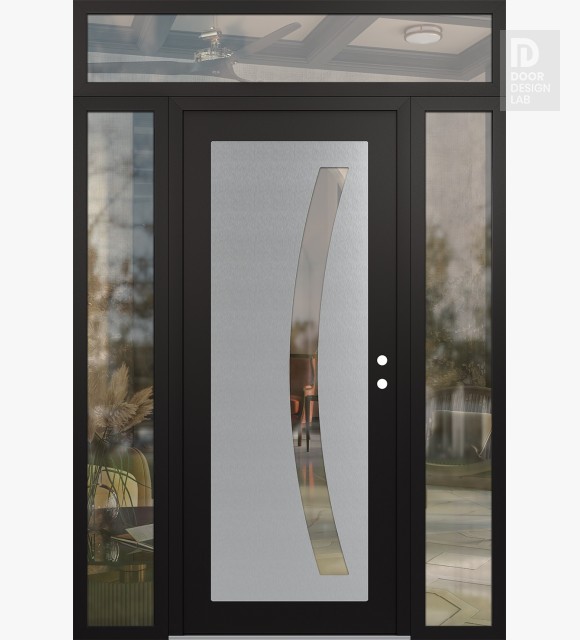 Modern Steel Front Door Diamond C4 60" x 96" black/black clear Glass Panel stainless steel LHI with 2 Sidelites and Transom clear Glass
