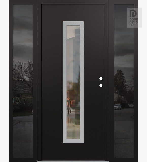 Modern Steel Front Door DIAMOND A11 60" X 80" BLACK/BLACK CLEAR GLASS PANEL STAINLESS STEEL LHI WITH 2 SIDELITES MIRRORED GLASS