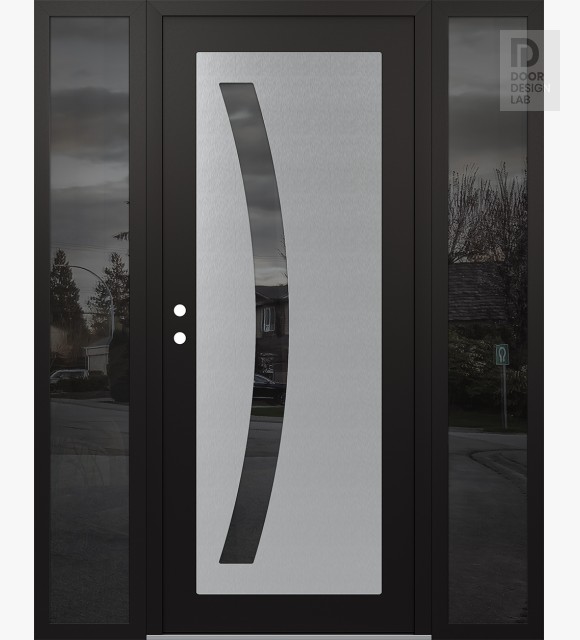 Modern Steel Front Door Diamond C4 64" x 80" black/black mirrored Glass Panel stainless steel RHI with 2 Sidelites mirrored Glass