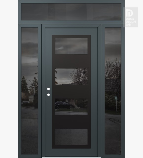Modern Steel Front Door Diamond C2 64" x 96" anthracite/anthracite mirrored Glass Panel black RHI with 2 Sidelites and Transom mirrored Glass