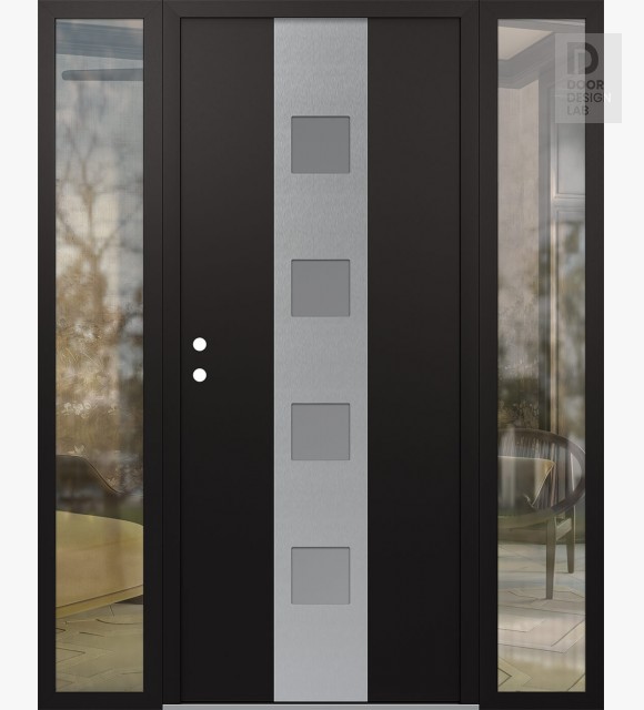 Modern Steel Front Door DIAMOND A12 60" X 80" BLACK/WHITE FROSTED GLASS PANEL STAINLESS STEEL RHI WITH 2 SIDELITES CLEAR GLASS