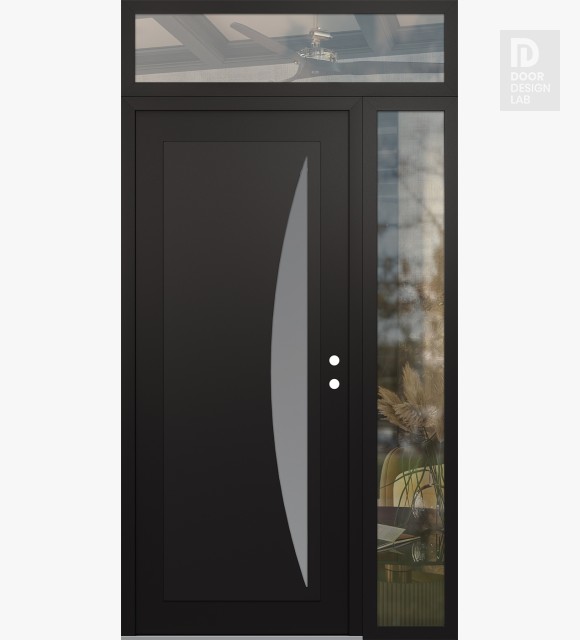 Modern Steel Front Door Diamond C13 52" x 96" black/white frosted Glass Panel black LHI with Sidelite and Transom clear Glass