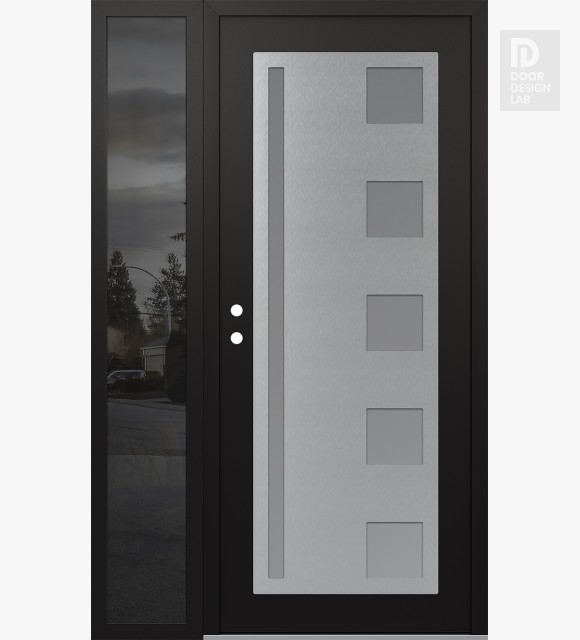 Modern Steel Front Door Diamond C3 48" x 80" black/white frosted Glass Panel stainless steel RHI with Sidelite mirrored Glass