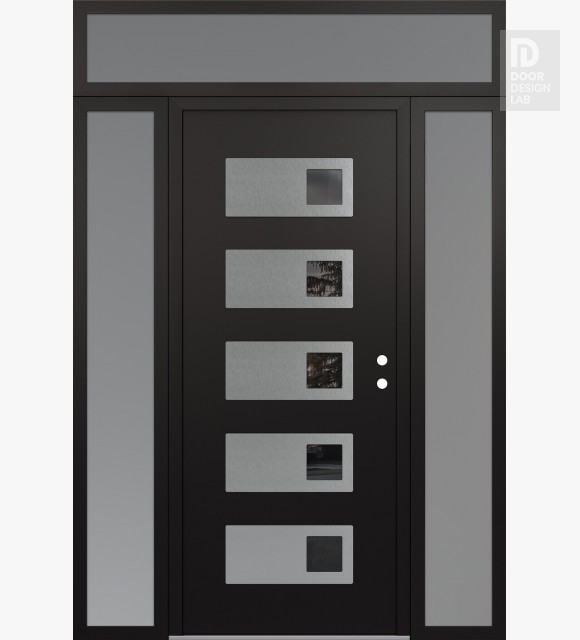 Modern Steel Front Door Diamond D2 68" x 96" black/black mirrored Glass Panel stainless steel LHI with 2 Sidelites and Transom frosted Glass