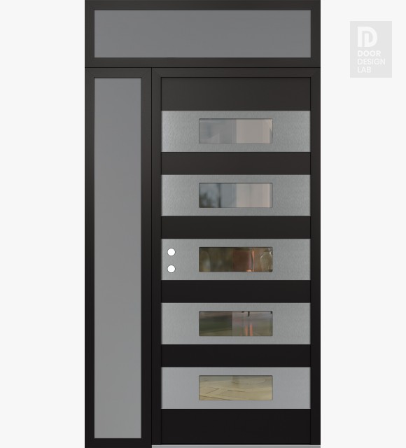 Modern Steel Front Door Diamond D5 50" x 96" black/black clear Glass Panel stainless steel RHI with Sidelite and Transom frosted Glass