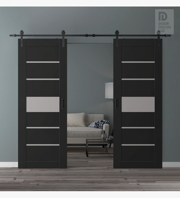 DOUBLE BARN DOOR AVON 07-06 VETRO BLACK MATTE 48" X 84" X 1 3/4" BLACK HARDWARE