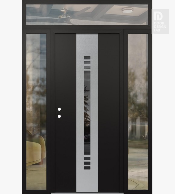 Modern Steel Front Door DIAMOND A5 68" X 96" BLACK/BLACK MIRRORED GLASS PANEL STAINLESS STEEL RHI WITH 2 SIDELITES AND TRANSOM CLEAR GLASS