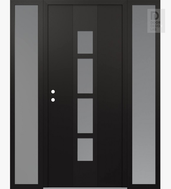 Modern Steel Front Door DIAMOND A10 60" X 80" BLACK/WHITE FROSTED GLASS PANEL BLACK RHI WITH 2 SIDELITES FROSTED GLASS