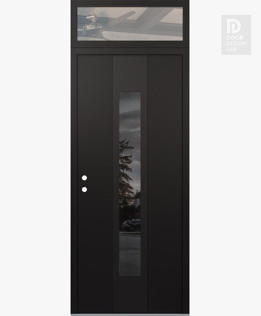 Modern Steel Front Door DIAMOND A1 36" X 96" BLACK/BLACK MIRRORED GLASS PANEL BLACK RHI WITH TRANSOM CLEAR GLASS