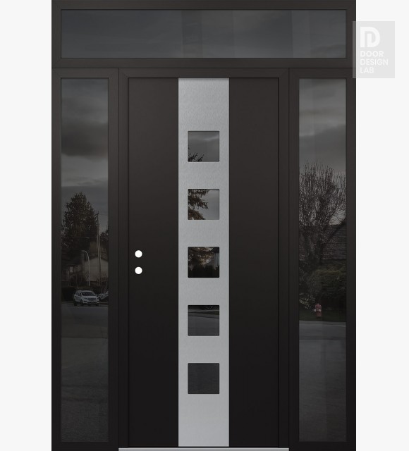 Modern Steel Front Door DIAMOND A13 64" X 96" BLACK/BLACK MIRRORED GLASS PANEL STAINLESS STEEL RHI WITH 2 SIDELITES AND TRANSOM MIRRORED GLASS