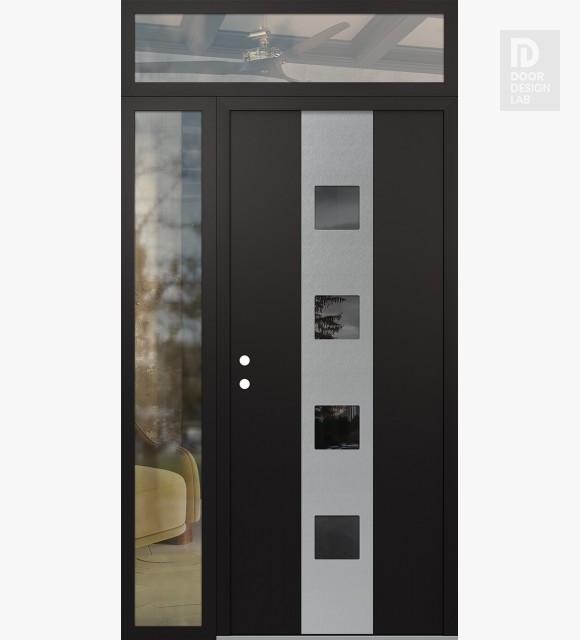 Modern Steel Front Door DIAMOND A12 52" X 96" BLACK/BLACK MIRRORED GLASS PANEL STAINLESS STEEL RHI WITH SIDELITE AND TRANSOM CLEAR GLASS