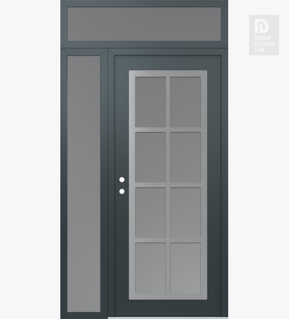 Modern Steel Front Door Diamond C16 50" x 96" anthracite/anthracite frosted Glass Panel stainless steel RHI with Sidelite and Transom frosted Glass