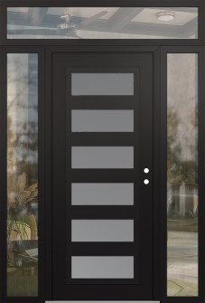 Diamond C9 64" x 96" black/white frosted Glass Panel black LHI with 2 Sidelites and Transom clear Glass