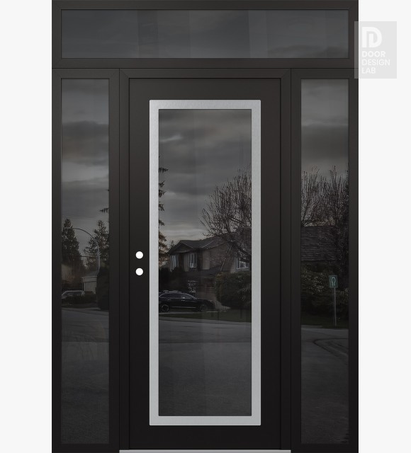 Modern Steel Front Door Diamond C1 64" x 96" black/black mirrored Glass Panel stainless steel RHI with 2 Sidelites and Transom mirrored Glass