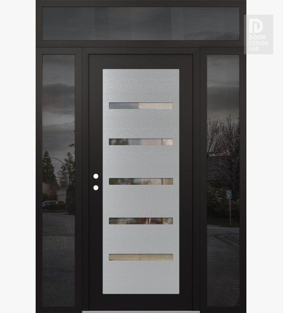 Modern Steel Front Door Diamond C7 60" x 96" black/black clear Glass Panel stainless steel RHI with 2 Sidelites and Transom mirrored Glass