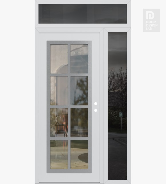 Modern Steel Front Door Diamond C16 50" x 96" white/white clear Glass Panel stainless steel LHI with Sidelite and Transom mirrored Glass