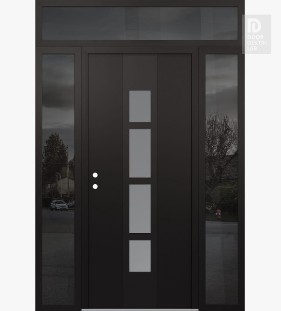 Modern Steel Front Door DIAMOND A10 64" X 96" BLACK/WHITE FROSTED GLASS PANEL BLACK RHI WITH 2 SIDELITES AND TRANSOM MIRRORED GLASS