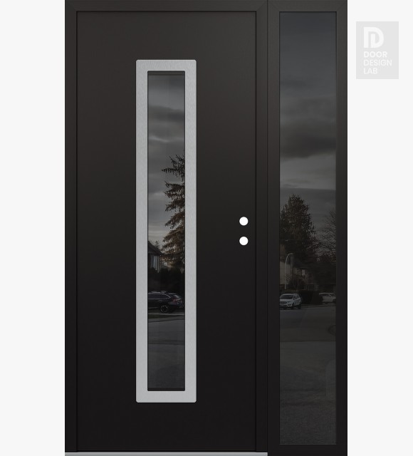 Modern Steel Front Door DIAMOND A11 50" X 80" BLACK/BLACK MIRRORED GLASS PANEL STAINLESS STEEL LHI WITH SIDELITE MIRRORED GLASS