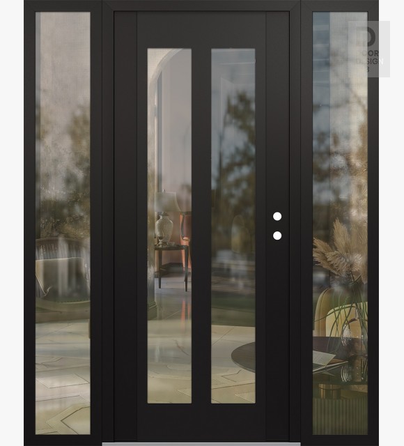 Modern Steel Front Door Diamond C14 64" x 80" black/black clear Glass Panel black LHI with 2 Sidelites clear Glass