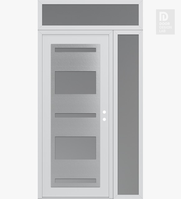 Modern Steel Front Door Diamond C10 48" x 96" white/white frosted Glass Panel stainless steel LHI with Sidelite and Transom frosted Glass