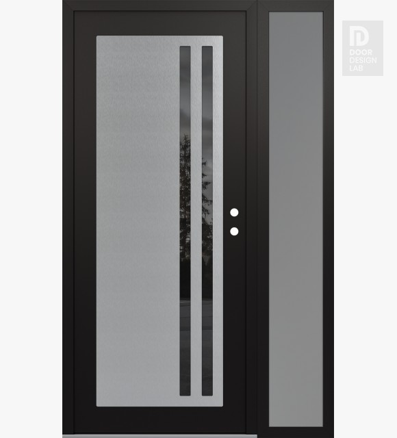 Modern Steel Front Door Diamond C6 48" x 80" black/black mirrored Glass Panel stainless steel LHI with Sidelite frosted Glass