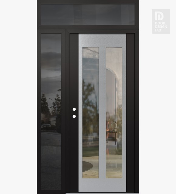 Modern Steel Front Door Diamond C14 52" x 96" black/black clear Glass Panel stainless steel RHI with Sidelite and Transom mirrored Glass