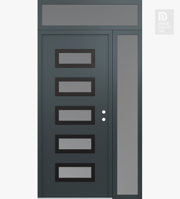 Modern Steel Front Door Diamond D1 50" x 96" anthracite/anthracite frosted Glass Panel black LHI with Sidelite and Transom frosted Glass