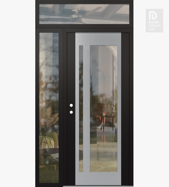 Modern Steel Front Door Diamond C15 52" x 96" black/black clear Glass Panel stainless steel RHI with Sidelite and Transom clear Glass