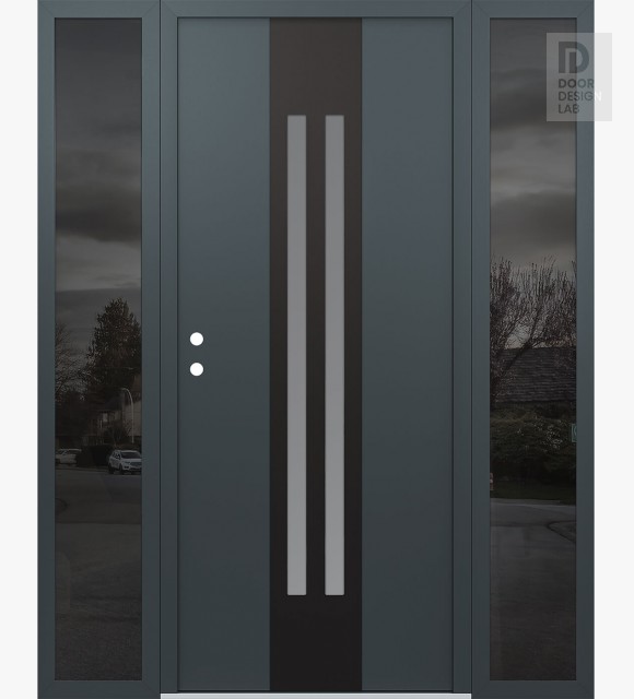 Modern Steel Front Door DIAMOND A8 68" X 80" ANTHRACITE/ANTHRACITE FROSTED GLASS PANEL BLACK RHI WITH 2 SIDELITES MIRRORED GLASS