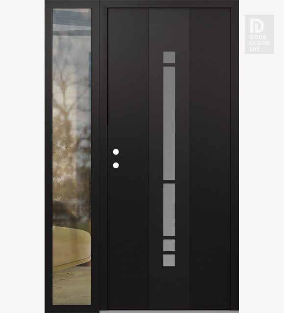 Modern Steel Front Door DIAMOND A3 48" X 80" BLACK/WHITE FROSTED GLASS PANEL BLACK RHI WITH SIDELITE CLEAR GLASS